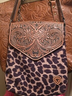 Ariat Tooled Leather Flap Leopard Print Crossbody Bag